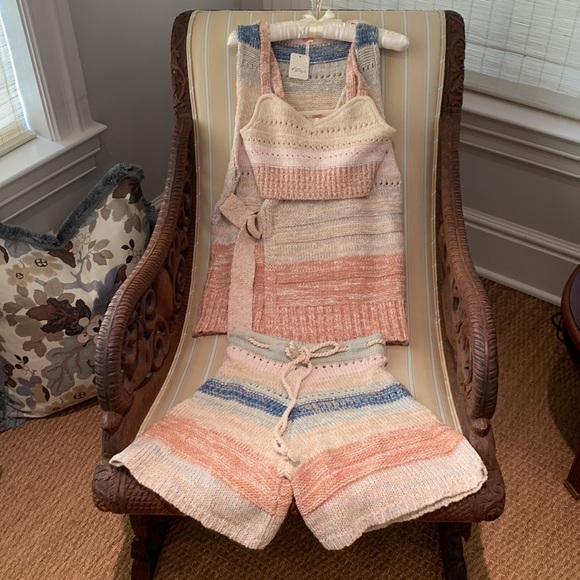 FREE PEOPLE SOUTHWEST SWEATER SET COTTON CROCHET KNIT IN SUNSET COMBO SIZE L - Picture 7 of 16